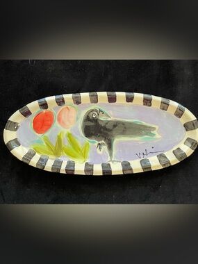 Handmmade Ceramic Serving Tray”Crow And Tulips Design 13” x5.5”Original